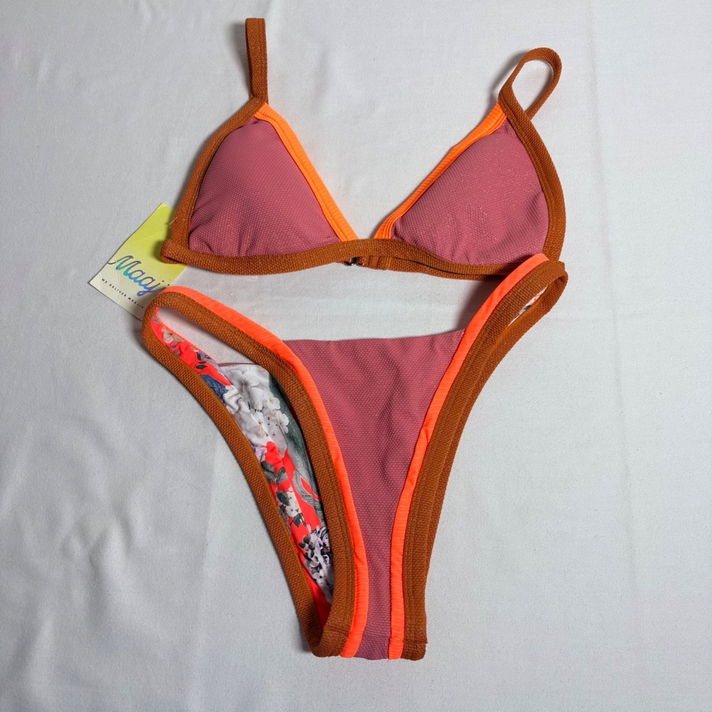 Maaji Reversible Bikini Set large Floral New Metallic Trim brown orange